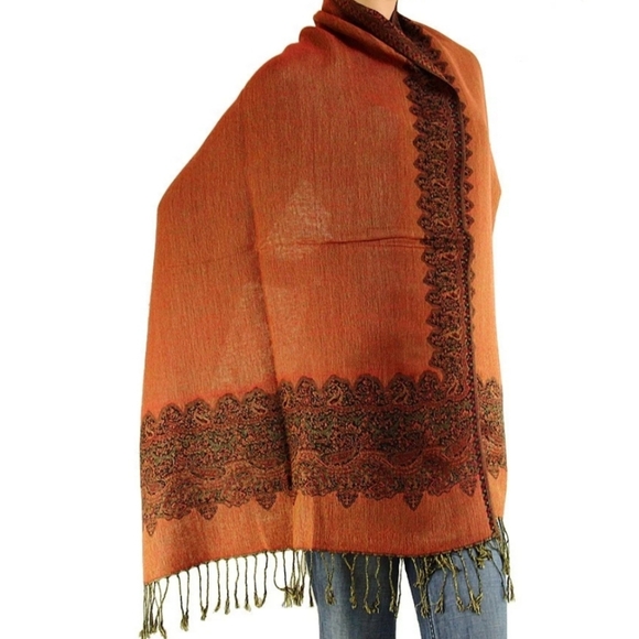 No Label Accessories - 🧡✨ Burnt Orange Paisley Pashmina Shawl Wrap Fringe Scarf Reversible 27x77